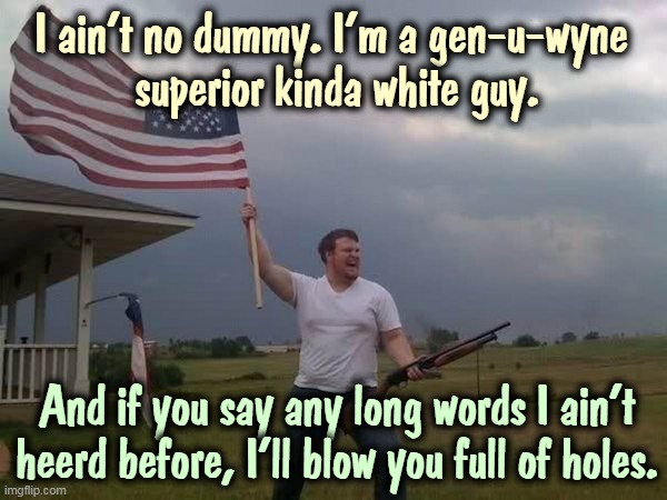 This guy now has a job at Bedminster. He's a target. | I ain't no dummy. I'm a gen-u-wyne 
superior kinda white guy. And if you say any long words I ain't heerd before, I'll blow you full of holes. | image tagged in american flag shotgun guy,trump,brain,gun nuts | made w/ Imgflip meme maker