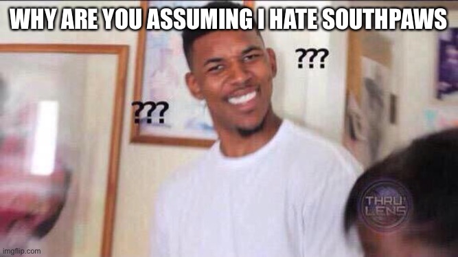 Can the mods answer | WHY ARE YOU ASSUMING I HATE SOUTHPAWS | image tagged in black guy confused | made w/ Imgflip meme maker
