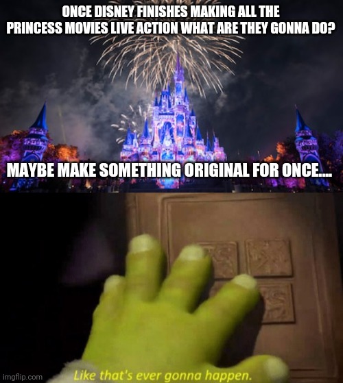 ONCE DISNEY FINISHES MAKING ALL THE PRINCESS MOVIES LIVE ACTION WHAT ARE THEY GONNA DO? MAYBE MAKE SOMETHING ORIGINAL FOR ONCE.... | image tagged in disney world,like that's ever gonna happen | made w/ Imgflip meme maker