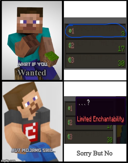 What If You Wanted Low Level Enchantment, But Mojang Said... | Wanted; Sorry But No | image tagged in minecraft,but god said | made w/ Imgflip meme maker