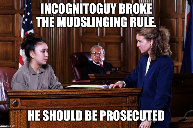 IncognitoGuy broke the mudslinging rules | INCOGNITOGUY BROKE THE MUDSLINGING RULE. HE SHOULD BE PROSECUTED | image tagged in incognito,guy,broke,the,rules | made w/ Imgflip meme maker