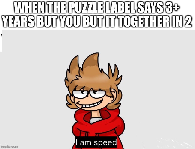 tord i am speed | WHEN THE PUZZLE LABEL SAYS 3+ YEARS BUT YOU BUT IT TOGETHER IN 2 | image tagged in tord i am speed | made w/ Imgflip meme maker