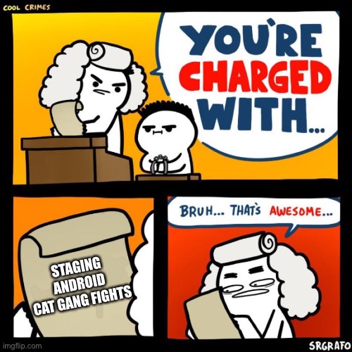 cool crimes | STAGING ANDROID CAT GANG FIGHTS | image tagged in cool crimes | made w/ Imgflip meme maker