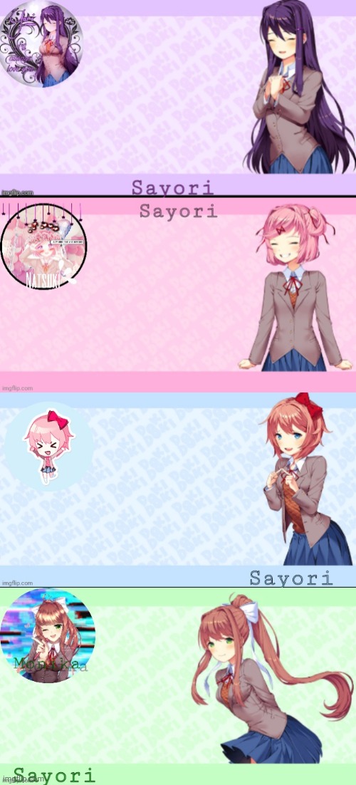 image tagged in sayori's yuri temp,sayori's natsuki temp 2 0,sayori's sayori temp lmao,sayori's monika temp | made w/ Imgflip meme maker