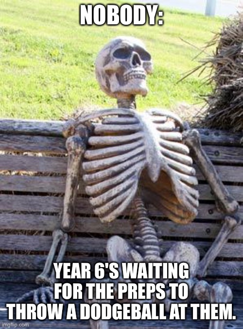 Waiting Skeleton | NOBODY:; YEAR 6'S WAITING FOR THE PREPS TO THROW A DODGEBALL AT THEM. | image tagged in memes,waiting skeleton | made w/ Imgflip meme maker