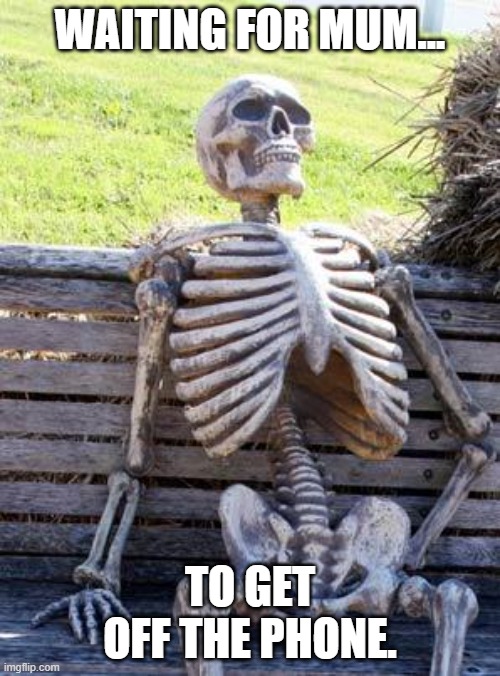 Waiting Skeleton Meme | WAITING FOR MUM... TO GET OFF THE PHONE. | image tagged in memes,waiting skeleton | made w/ Imgflip meme maker