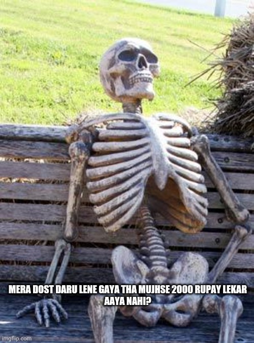 Waiting Skeleton Meme | MERA DOST DARU LENE GAYA THA MUJHSE 2000 RUPAY LEKAR

AAYA NAHI? | image tagged in memes,waiting skeleton | made w/ Imgflip meme maker