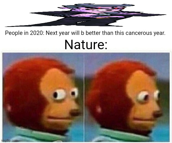 Monkey Puppet | People in 2020: Next year will b better than this cancerous year. Nature: | image tagged in memes,monkey puppet,flashback | made w/ Imgflip meme maker
