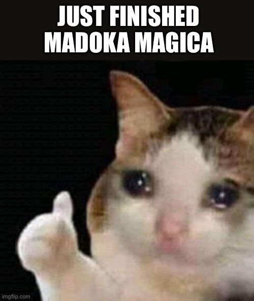 crying thumbs up | JUST FINISHED MADOKA MAGICA | image tagged in crying thumbs up | made w/ Imgflip meme maker