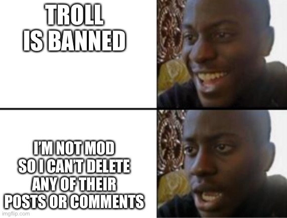 Oh yeah! Oh no... | TROLL IS BANNED; I’M NOT MOD SO I CAN’T DELETE ANY OF THEIR POSTS OR COMMENTS | image tagged in oh yeah oh no | made w/ Imgflip meme maker