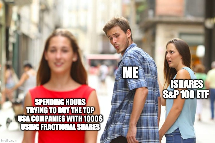 S&P ETF meme | ME; ISHARES S&P 100 ETF; SPENDING HOURS TRYING TO BUY THE TOP USA COMPANIES WITH 1000$ USING FRACTIONAL SHARES | image tagged in memes,distracted boyfriend | made w/ Imgflip meme maker