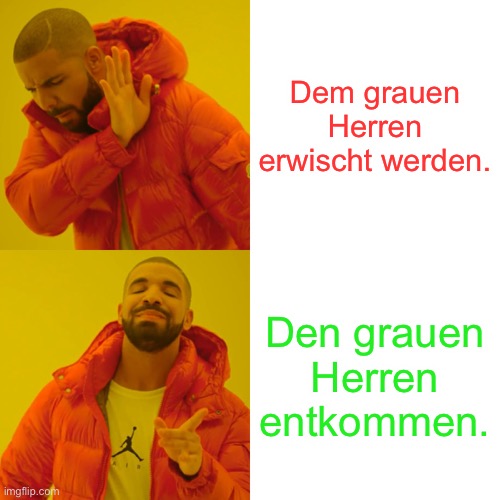 Drake Hotline Bling Meme | Dem grauen Herren erwischt werden. Den grauen Herren entkommen. | image tagged in memes,drake hotline bling | made w/ Imgflip meme maker