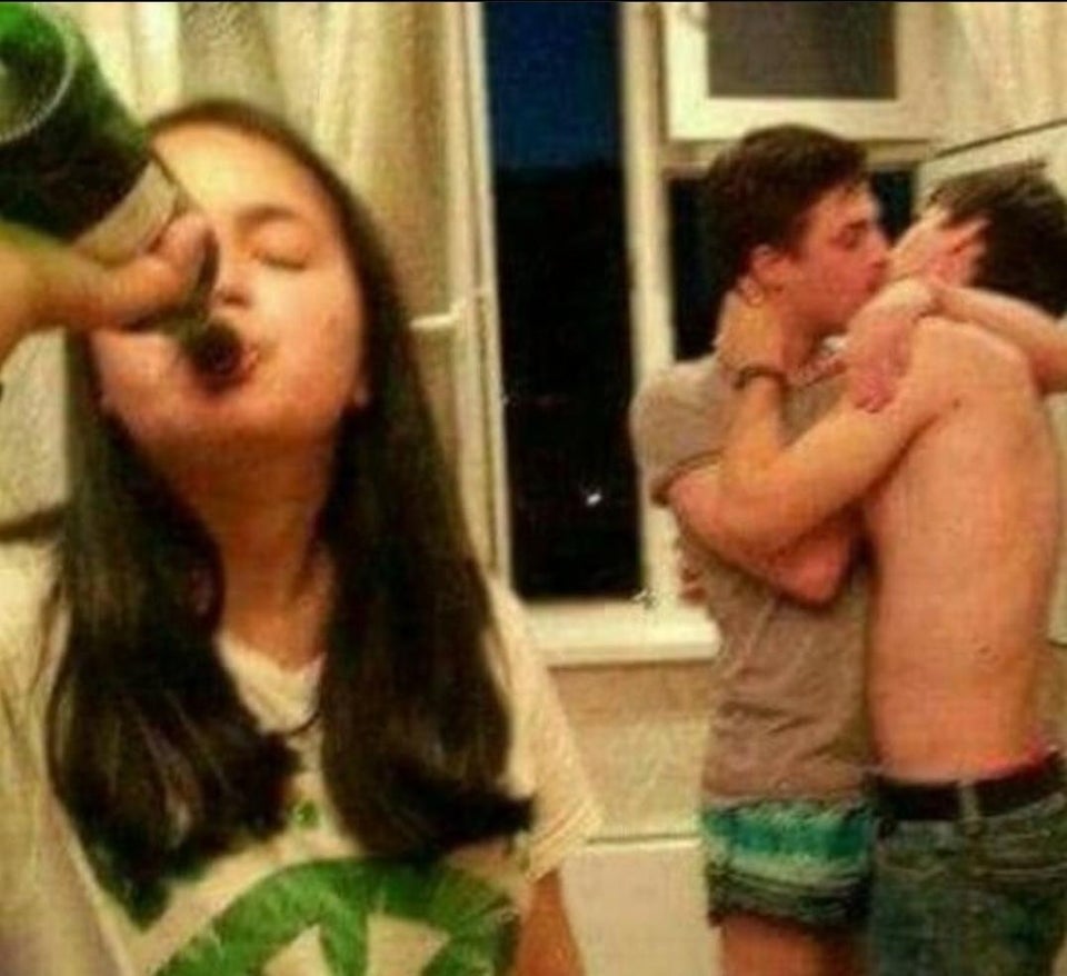 girl drinking while guys make out Blank Meme Template