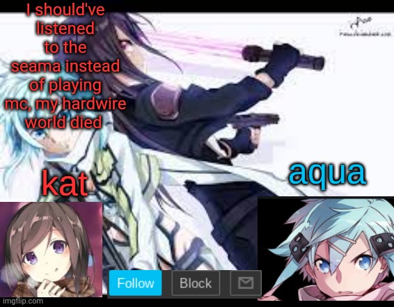 fem kirito | I should've listened to the seama instead of playing mc, my hardwire world died | image tagged in fem kirito | made w/ Imgflip meme maker