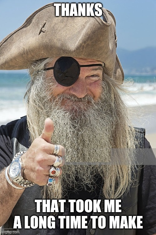 PIRATE THUMBS UP | THANKS THAT TOOK ME A LONG TIME TO MAKE | image tagged in pirate thumbs up | made w/ Imgflip meme maker