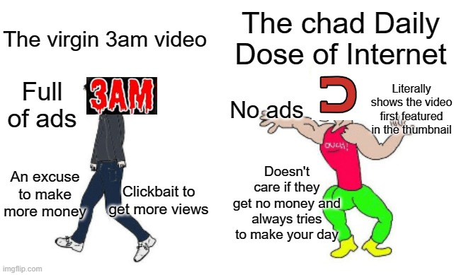b-b-but I swear I saw the impostor from among us in my room mommy | The chad Daily Dose of Internet; The virgin 3am video; Literally shows the video first featured in the thumbnail; Full of ads; No ads; Doesn't care if they get no money and always tries to make your day; An excuse to make more money; Clickbait to get more views | image tagged in virgin vs chad,memes | made w/ Imgflip meme maker