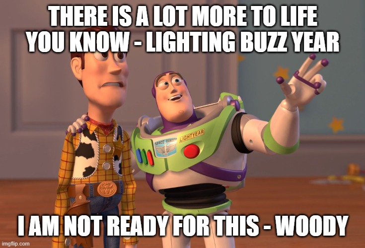 Yes | THERE IS A LOT MORE TO LIFE YOU KNOW - LIGHTING BUZZ YEAR; I AM NOT READY FOR THIS - WOODY | image tagged in memes,x x everywhere | made w/ Imgflip meme maker