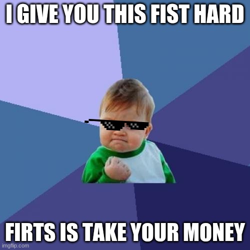 baby | I GIVE YOU THIS FIST HARD; FIRTS IS TAKE YOUR MONEY | image tagged in memes,success kid | made w/ Imgflip meme maker