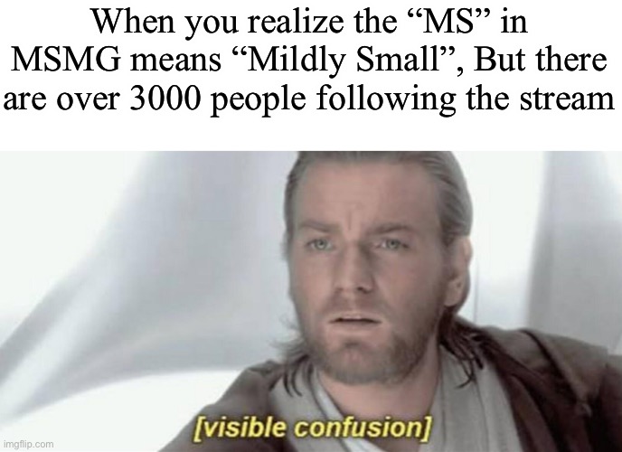 Visible Confusion | When you realize the “MS” in MSMG means “Mildly Small”, But there are over 3000 people following the stream | image tagged in visible confusion | made w/ Imgflip meme maker