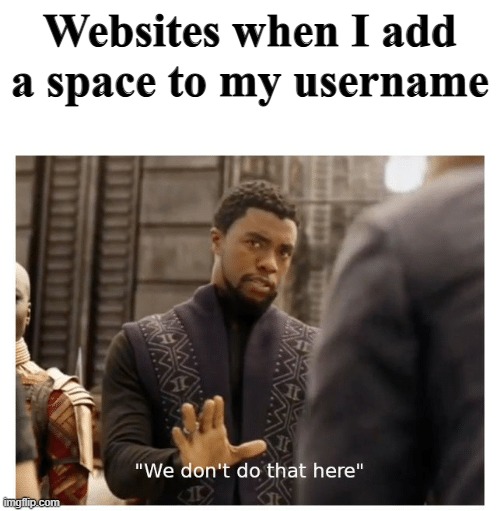 we don't do that here | Websites when I add a space to my username | image tagged in we don't do that here | made w/ Imgflip meme maker
