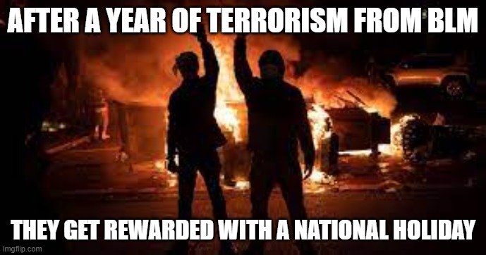 WE ALWAYS GET WHAT WE WANT!!!! | AFTER A YEAR OF TERRORISM FROM BLM; THEY GET REWARDED WITH A NATIONAL HOLIDAY | image tagged in blm terrorism,racism,self destruction | made w/ Imgflip meme maker