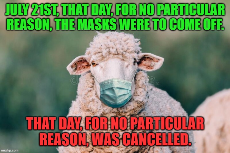 Masks Off July 21st | JULY 21ST, THAT DAY, FOR NO PARTICULAR REASON, THE MASKS WERE TO COME OFF. THAT DAY, FOR NO PARTICULAR REASON, WAS CANCELLED. | image tagged in covid | made w/ Imgflip meme maker