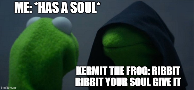 ribbit ribbit your soul give it | ME: *HAS A SOUL*; KERMIT THE FROG: RIBBIT RIBBIT YOUR SOUL GIVE IT | image tagged in memes,evil kermit | made w/ Imgflip meme maker