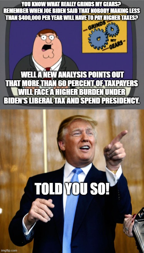 Look at all the things Trump TOLD you that have since turned out to be correct. | YOU KNOW WHAT REALLY GRINDS MY GEARS?  REMEMBER WHEN JOE BIDEN SAID THAT NOBODY MAKING LESS THAN $400,000 PER YEAR WILL HAVE TO PAY HIGHER TAXES? WELL A NEW ANALYSIS POINTS OUT THAT MORE THAN 60 PERCENT OF TAXPAYERS WILL FACE A HIGHER BURDEN UNDER BIDEN'S LIBERAL TAX AND SPEND PRESIDENCY. TOLD YOU SO! | image tagged in memes,peter griffin news | made w/ Imgflip meme maker