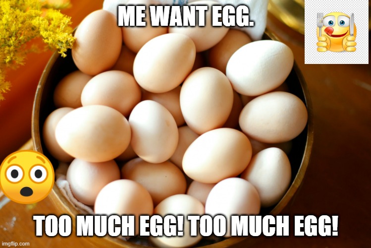EGG! |  ME WANT EGG. TOO MUCH EGG! TOO MUCH EGG! | image tagged in egg | made w/ Imgflip meme maker