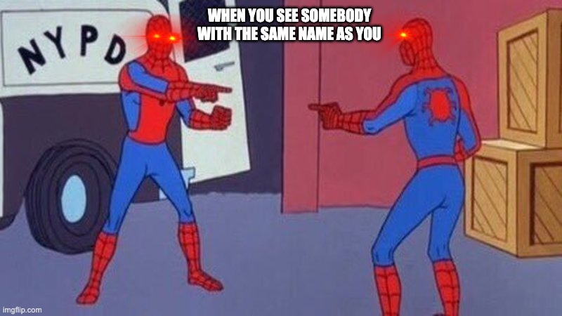 When da impasta looks like you | WHEN YOU SEE SOMEBODY WITH THE SAME NAME AS YOU | image tagged in spiderman pointing at spiderman | made w/ Imgflip meme maker