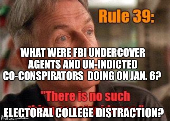 What was FBI involvement on Jan 6? | WHAT WERE FBI UNDERCOVER AGENTS AND UN-INDICTED CO-CONSPIRATORS  DOING ON JAN. 6? ELECTORAL COLLEGE DISTRACTION? | image tagged in gibbs rules,fbi door breach,conspiracy theories,democrats | made w/ Imgflip meme maker