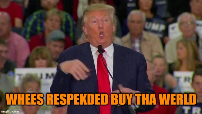 Retarted Trump | WHEES RESPEKDED BUY THA WERLD | image tagged in retarted trump | made w/ Imgflip meme maker