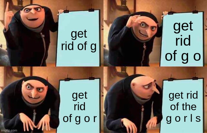 gru says no gorls | get rid of g; get rid of g o; get rid of g o r; get rid of the g o r l s | image tagged in memes,gru's plan | made w/ Imgflip meme maker