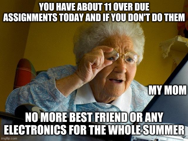 This is me right now and I was literally crying yesterday because of it. | YOU HAVE ABOUT 11 OVER DUE ASSIGNMENTS TODAY AND IF YOU DON'T DO THEM; MY MOM; NO MORE BEST FRIEND OR ANY ELECTRONICS FOR THE WHOLE SUMMER | image tagged in memes,grandma finds the internet | made w/ Imgflip meme maker