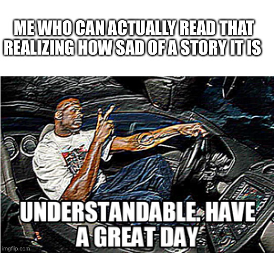 UNDERSTANDABLE, HAVE A GREAT DAY | ME WHO CAN ACTUALLY READ THAT REALIZING HOW SAD OF A STORY IT IS | image tagged in understandable have a great day | made w/ Imgflip meme maker