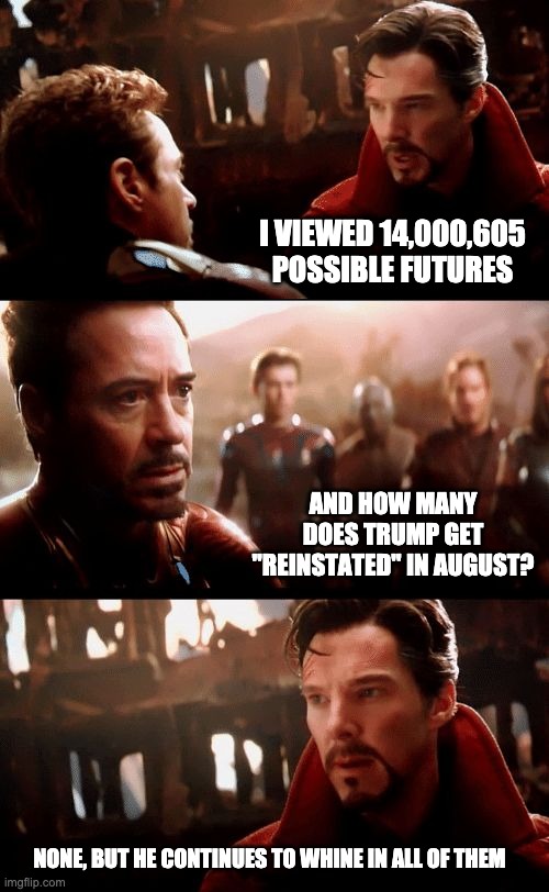 The Mad Whiner Trump | I VIEWED 14,000,605 POSSIBLE FUTURES; AND HOW MANY DOES TRUMP GET "REINSTATED" IN AUGUST? NONE, BUT HE CONTINUES TO WHINE IN ALL OF THEM | image tagged in infinity war - 14mil futures | made w/ Imgflip meme maker