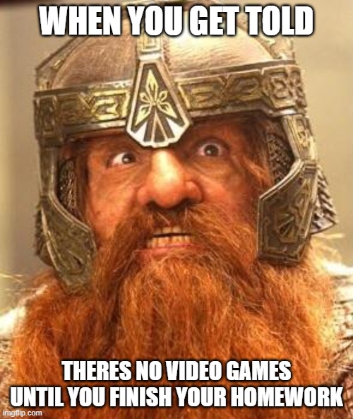 Gimli Knew Meme | WHEN YOU GET TOLD; THERES NO VIDEO GAMES UNTIL YOU FINISH YOUR HOMEWORK | image tagged in gimli knew meme | made w/ Imgflip meme maker
