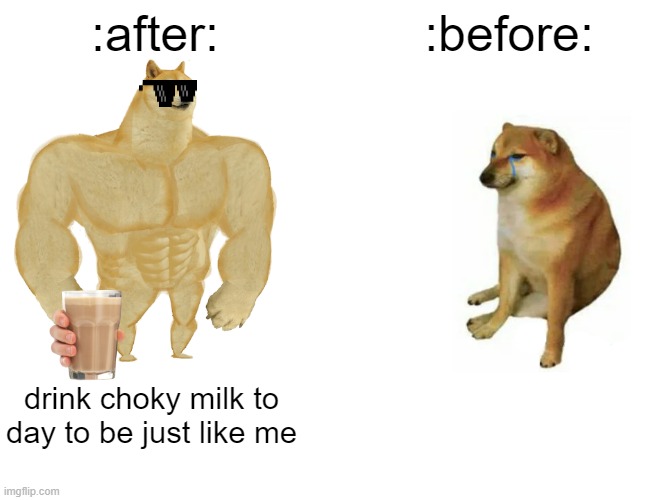 Buff Doge vs. Cheems | :after:; :before:; drink choky milk to day to be just like me | image tagged in memes,buff doge vs cheems | made w/ Imgflip meme maker