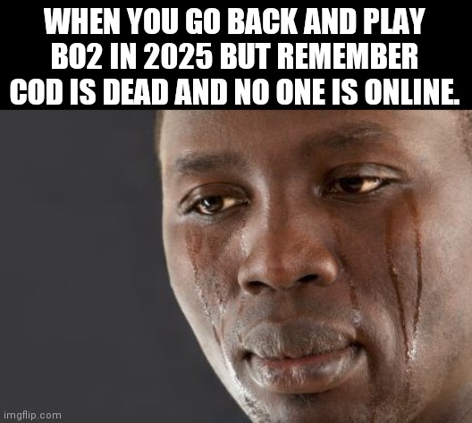 I miss 2012 but I was only 8 years old | WHEN YOU GO BACK AND PLAY BO2 IN 2025 BUT REMEMBER COD IS DEAD AND NO ONE IS ONLINE. | image tagged in black man crying | made w/ Imgflip meme maker