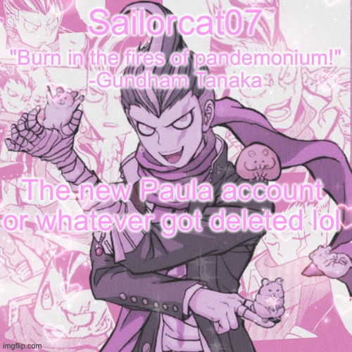 Sailorcat's Gundham temp | The new Paula account or whatever got deleted lol | image tagged in sailorcat's gundham temp | made w/ Imgflip meme maker