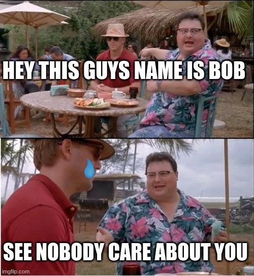 See Nobody Cares Meme | HEY THIS GUYS NAME IS BOB; SEE NOBODY CARE ABOUT YOU | image tagged in memes,see nobody cares | made w/ Imgflip meme maker