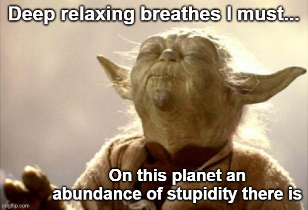 Yoda feeling the overwhelming fore of stupidity. | Deep relaxing breathes I must... On this planet an abundance of stupidity there is | image tagged in yoda smell,ignorance,human stupidity,dealing with ignorance,patience,dealing with stupid people | made w/ Imgflip meme maker
