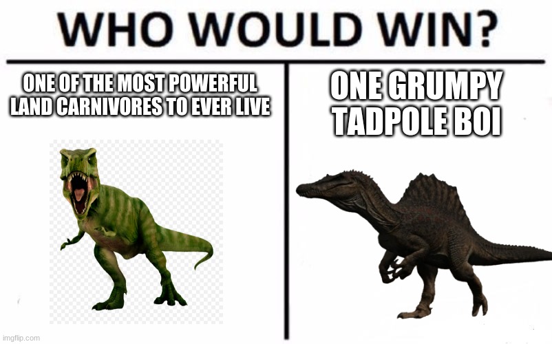 This is OC but I can't get into other places. plz let me in. | ONE GRUMPY TADPOLE BOI; ONE OF THE MOST POWERFUL LAND CARNIVORES TO EVER LIVE | image tagged in memes,who would win | made w/ Imgflip meme maker