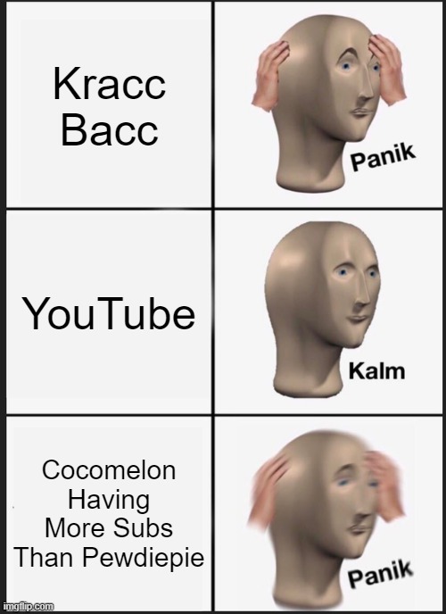 Lol | Kracc Bacc; YouTube; Cocomelon Having More Subs Than Pewdiepie | image tagged in memes,panik kalm panik | made w/ Imgflip meme maker
