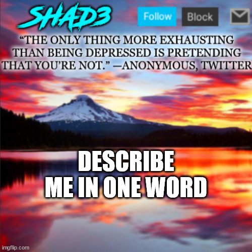 DESCRIBE ME IN ONE WORD | image tagged in shad3 announcement template v2 | made w/ Imgflip meme maker