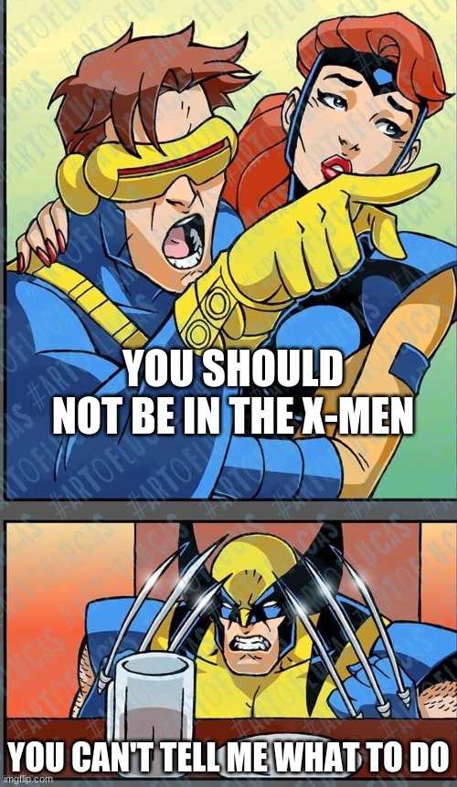 I mean cyclopes is a little bossy but he's ok | YOU SHOULD NOT BE IN THE X-MEN; YOU CAN'T TELL ME WHAT TO DO | image tagged in memes,marvel,xmen,wolverine,cyclops,you cant tell me what to do | made w/ Imgflip meme maker