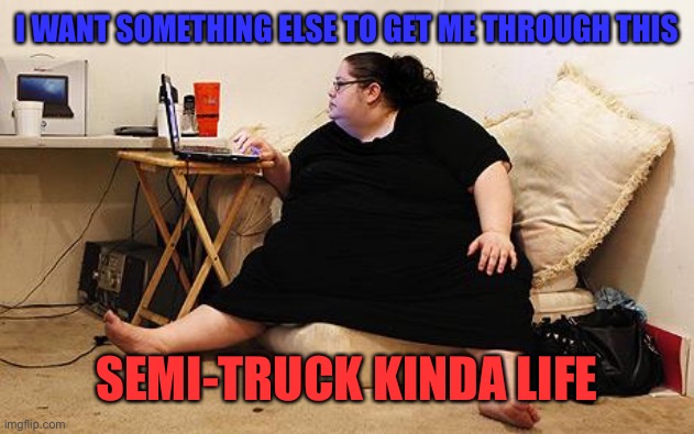 Baby, baby... | I WANT SOMETHING ELSE TO GET ME THROUGH THIS; SEMI-TRUCK KINDA LIFE | image tagged in obese woman at computer,song,fat woman,truck,lyrics,memes | made w/ Imgflip meme maker