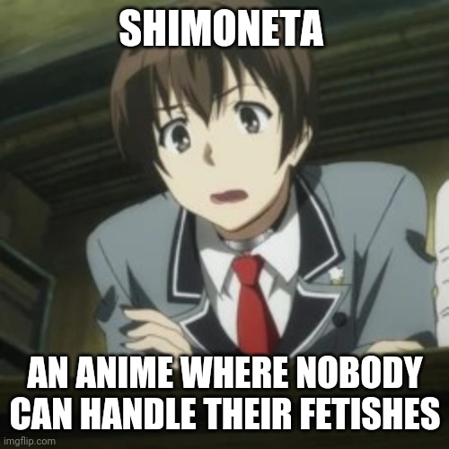 Shimoneta be like | SHIMONETA; AN ANIME WHERE NOBODY CAN HANDLE THEIR FETISHES | image tagged in memes,funny,anime | made w/ Imgflip meme maker