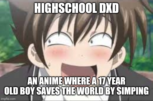 Highschool dxd be like | HIGHSCHOOL DXD; AN ANIME WHERE A 17 YEAR OLD BOY SAVES THE WORLD BY SIMPING | image tagged in memes,funny,highschool dxd,anime | made w/ Imgflip meme maker