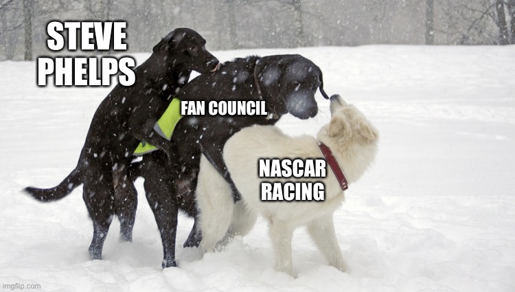 NASCAR management ultimately screwing NASCAR | STEVE PHELPS; FAN COUNCIL; NASCAR RACING | image tagged in doggie three way,memes,nascar,fans,funny car crash,wreck | made w/ Imgflip meme maker
